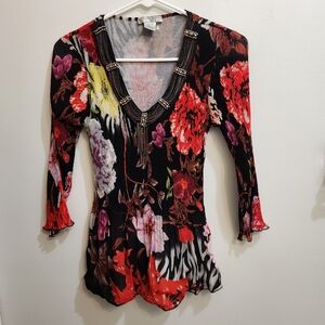 Vintage 90s Alberto Makali Crinkle Top Sz Small Floral Print Chain Accent